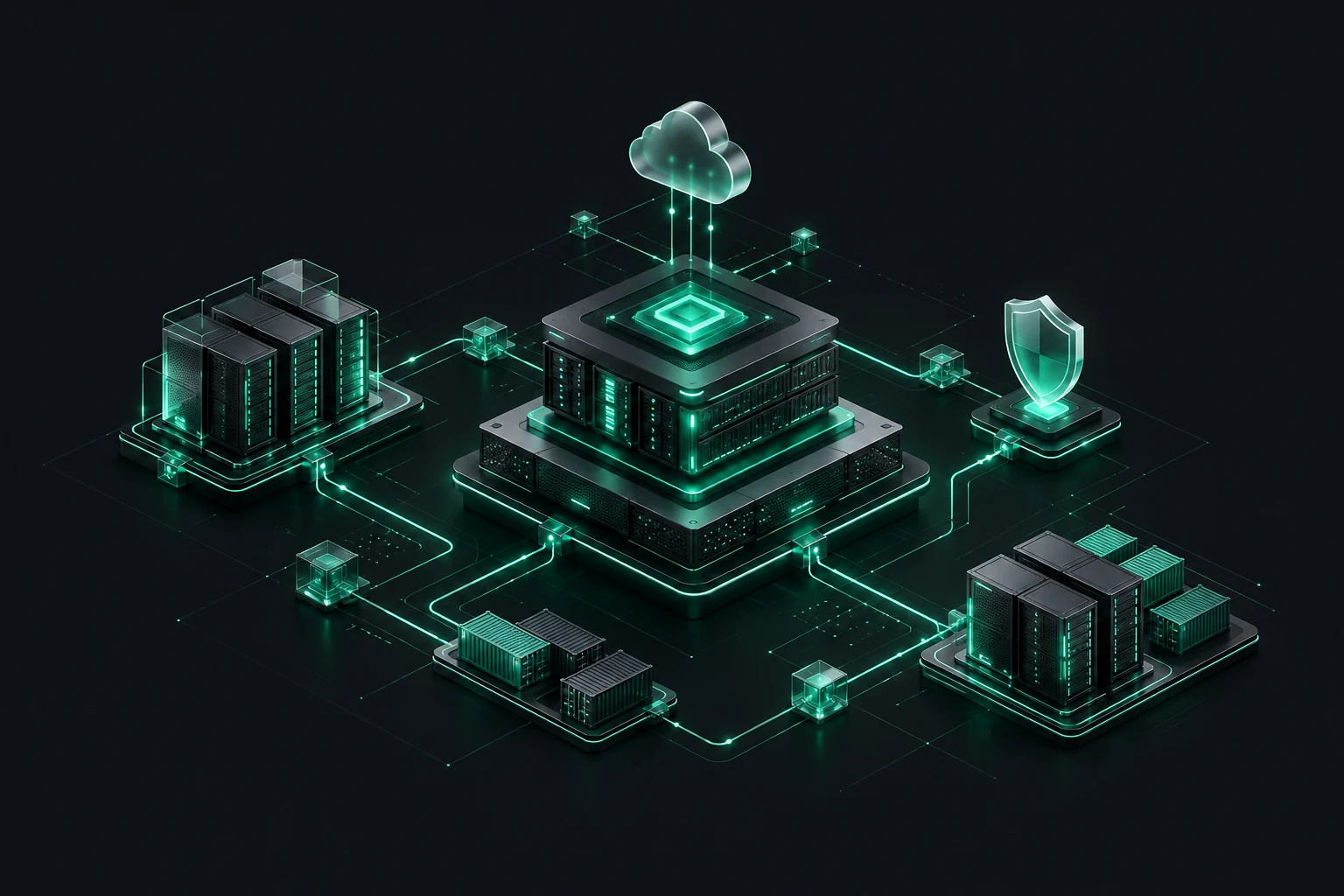 Illustration d’une architecture SI : des serveurs interconnectés autour d’un bouclier de sécurité.